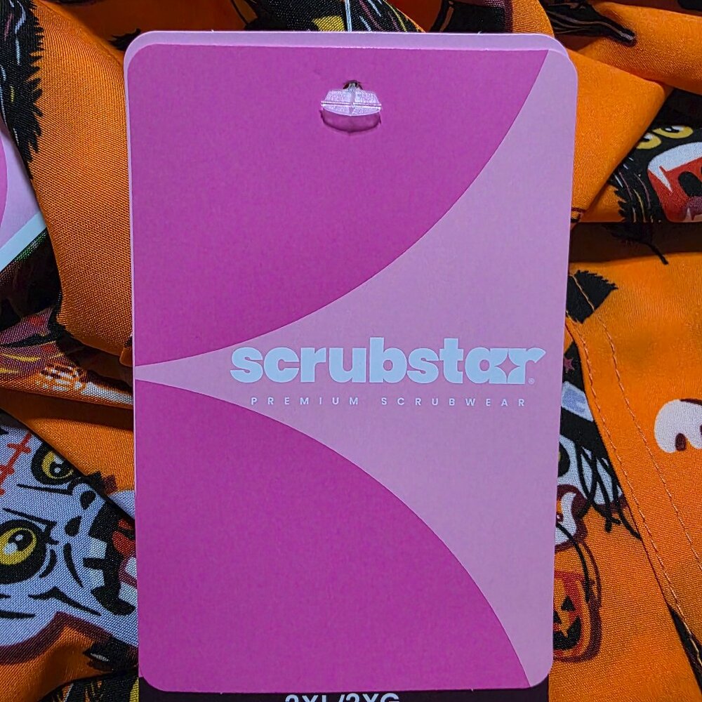 Scrubstar Cat Spider Skeleton V Neck Print Scrub Top​ Womens Orange Soft Fabric - Picture 4 of 10